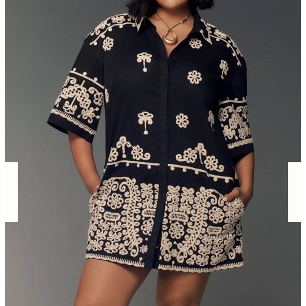 Maeve‎ Embroidered Short Sleeve Mini Dress Sz XS Black Tunic Coverup Asian